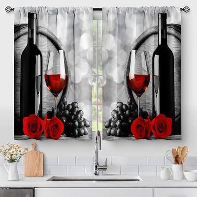 Red Rose and Wine Kitchen Curtains - Rustic Romantic Valentine Farmhouse Girls Women Short Tier Cafe Curtains Decor for Dining Room Art Country Rod Pocket Window Drapes 36 Inch Length 2 Panels Set