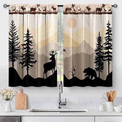 Kitchen Curtains - Forest Sunset Country Rustic Farmhouse Short Cafe Tier Curtains for Dining Room, Sink, Retro Tree Bear Deer Rod Pocket Window Drapes, 36 Inch Length, 2 Panels