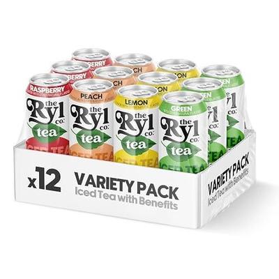 Ryl Iced Tea, Variety Fruit Tea Sampler (Peach/Raspberry/Lemon/Green) –Zero Sugar, Antioxidant Superblend, Zero Calorie, Low Carb, Non-GMO, Kosher, Gluten Free, Made in the USA, 12-Pack, 16 Fl Oz