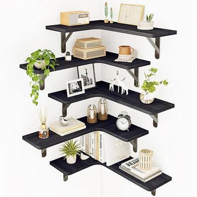 Fixwal Corner Shelves Wall Mounted Set of 5, Floating Shelves for Wall Bathroom, Kitchen, Bedroom, Home Decor, Laundry Room, Living Room (Black)