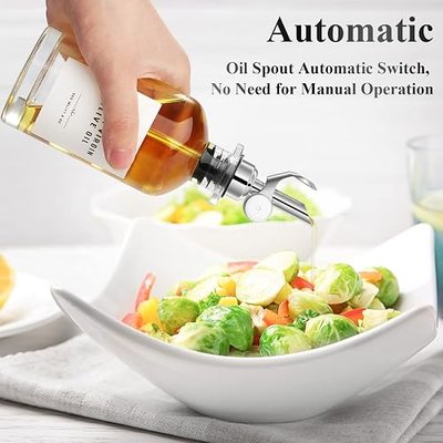 11.8 oz Olive Oil Dispenser Bottle with Bamboo Tray Silver Metal Pour Spout | Oil and Vinegar Dispenser Set, Coffee Syrup & Cooking Oil Glass Dispenser for Kitchen - Set of 2