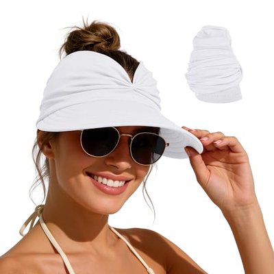 Zando Women's UPF 50+ Sun Visor, Wide Brim White Beach Hat, Ponytail Hole