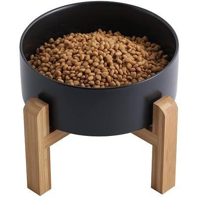 Black Elevated/Raised Dog Bowl Ceramic with Wood Stand for Medium Large Breed,Dog Food Water Dish Heavy Weighted,8 in Non Slip Modern Cute Porcelain Pet Bowl Extra Large