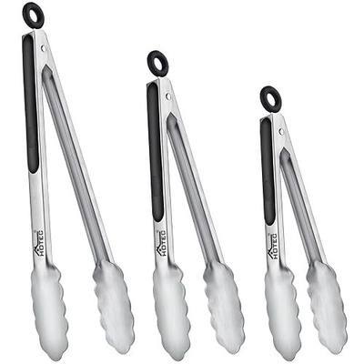 Hotec Stainless Steel Kitchen Tongs, Locking Metal Food Tongs for Cooking, Serving, BBQ, Grill & Air Fryer with Non-Slip Grip, Set of 3-7", 9" and 12"