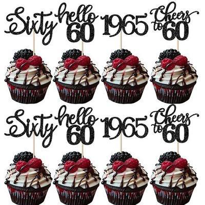 24 Pack 60th Birthday Cupcake Toppers Glitter Sixty Since 1965 Cheers to 60 Cupcake Picks Hello 60 Years Birthday Cake Decorations for Happy 60th Birthday Anniversary Party Supplies Black