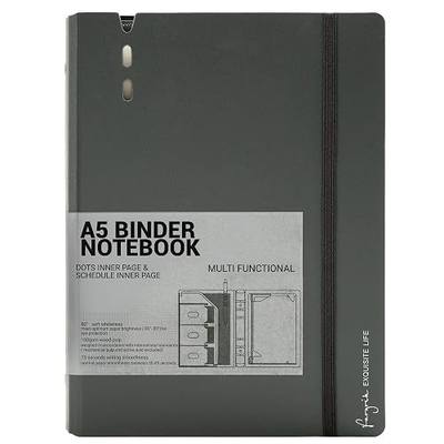 CAGIE A5 Binder 6 Ring Notebook with Dividers Refillable Planner Binder with Pockets, Refill Paper Include Planning Square Ruled and Dotted Pages, 6.89 x 9.25 In, (Grey, A5 Daily&Dot Page)