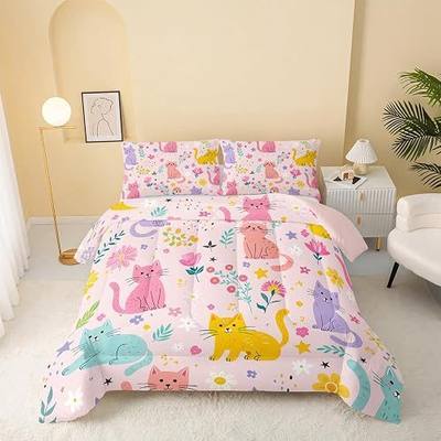 QOOMO Floral Cat Comforter Twin Size,Pink Cat Bedding Set for Kids | 3Pcs Bedding Set Printed Comforter with 2 Pillowcases,Soft Microfiber,Lightweight and Comfortable,for All seasons