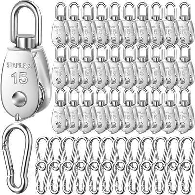Ferraycle 30 Pcs Single Pulley Block System 304 Stainless Steel Pulley Wheel Hanging Wire Towing Wheel with 30 Pcs Spring Snap Hook, Lifting Wire Rope Single Swivel Roller, Silver(M15)