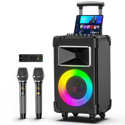 JYX Karaoke Machine with 2 Wireless Mics, 10" Woofer 500W Peak Power Big Portable Bluetooth Speaker with Bass/Treble Adjustment, PA System with Remote Control, LED Lights, Rolling Wheels and Trolley