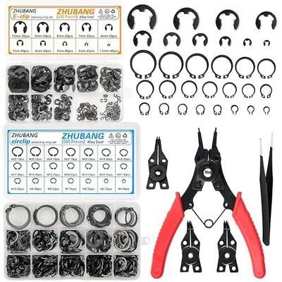 ZHUBANG 800Pcs C-clip External Retaining Rings Snap Rings Assortment Kit Circlip Alloy Steel(M4-M28) + E-clip Assortment Set(1.5mm-10mm) + 5Pcs Snap Ring Plier + Tweezer