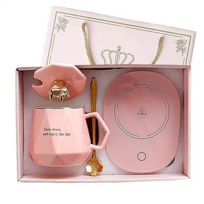 Coffee Warmer for Desk with Mug Set. Birthday Gifts Graduation Gifts for Woman. Coffee Cup Warmer with Automatic Shut Off, Heated Coffee Mug. Drink Warmer for Cocoa, Tea, Milk (Pink)