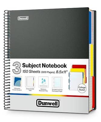 Dunwell 3-Subject Notebook College Ruled 8.5 x 11 (Black), 150 Sheets (300 Pages), Spiral Notebook 8.5x11 with Tabs, Movable Dividers, Storage Pockets, Protective Plastic Covers