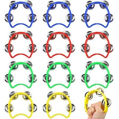12 Pack Hand Held Tambourine for Kids, Mini Percussion Tambourines with 4 Jingle Bells, Hand Held Percussion Drum Musical Rhythm Instrument for Practice, Performance, Party, Church, School(4 Colors)