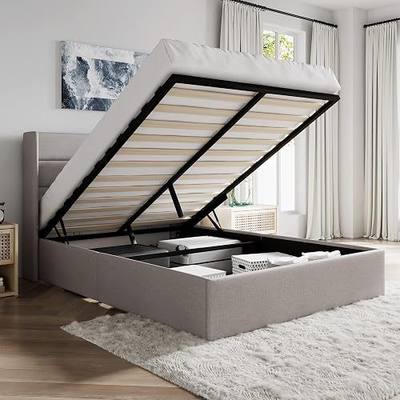 SHA CERLIN Queen Size Lift Up Hydraulic Storage Bed Frame Light Beige | Modern Wingback Headboard, Upholstered Platform Bed Frame, Hydraulic Underneath Storage, No Box Spring Needed