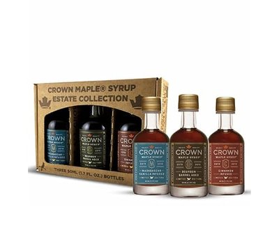 Crown Maple Premium Trio Collection in Petite 50ML (1.7 Fl. Oz.) Window Box featuring Amber Color, Bourbon Barrel Aged, and Madagascar Vanilla Infused Organic Maple Syrup