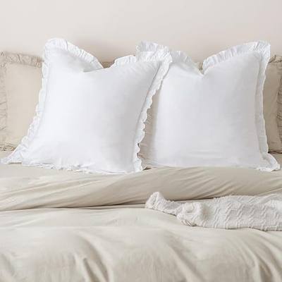 PHF 100% Washed Cotton Euro Shams with Ruffle, 2 Pack 26" x 26" Cotton Euro Sham Pillow Covers, No Insert, Ultra Soft Decorative Farmhouse Bedding for Bed Sofa, White