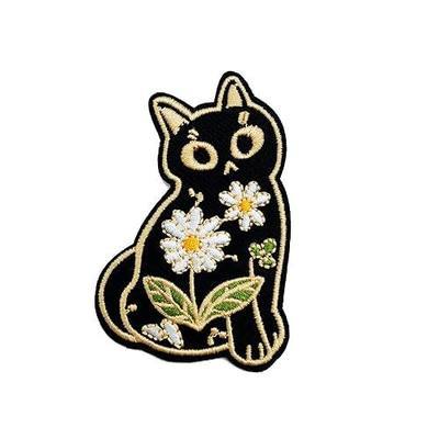 Iron On Embroidered Patches, Flower Cat Patch, Black Cartoon Cute Cat Sew On Emblem Applique DIY Accessories for Vest Jackets, Clothes, Shirts, Hats, Backbags, Pants, Clothing & Jeans.