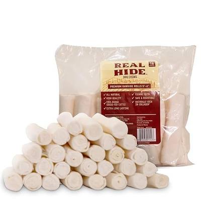 Real Hide Natural Premium Rawhide Roll Chews for Dogs, 5-6 in, 16 Count | All Natural Chew Treats, Premium Rawhide Rolls, Grass Fed Free Range Beef Hide, Long Lasting, For Small to Medium Dogs