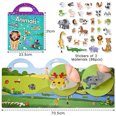 ASTARON Reusable Sticker Book for Toddlers, 88 Pcs Animal Stickers Road Trip Activities Car Airplane Activities Travel Toys for Kids, Kids Quiet Time Activities (3-6 Age)