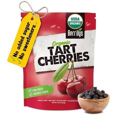 Berrilys Organic Dried Tart Cherries – Sun-Dried - Natural Flavor - Pitted Cherries for Healthy Snacking - Packed with Nutrients - Ideal for Smoothies, Baked Goods, or Treats - Resealable Bag - 10 Oz