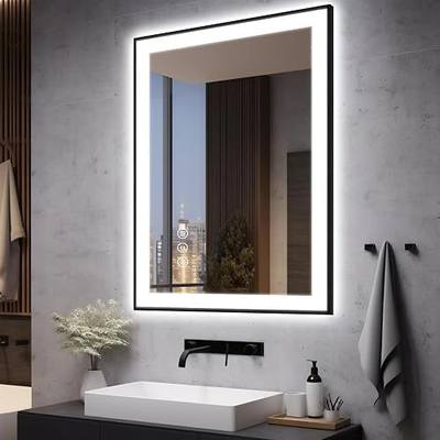 EchosLife 28x36 LED Bathroom Mirror for Wall - Black Aluminum Framed | Black Frame, Front and Backlit, Anti-Fog, Stepless Dimmable, 3 Colors, Memory, Tempered Glass, UL Listed, Horizontal/Vertical