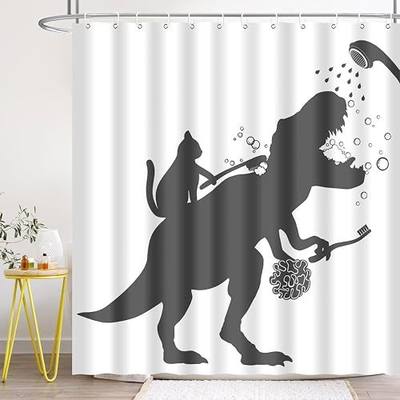 Cat Dinosaur Shower Curtain Funny Cat Help Dino Bathe for Kids Boys Trex Silhouette Shadow Black White Bathroom Waterproof Polyester Fabric 72Lx72W Inch with Hooks