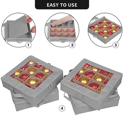ProPik 4 Pcs Christmas Ornament Storage Boxes with Dividers, Transparent Top Zipper Closure, 4 Individual Ornament Holder Trays, Keeps 64 Holiday Ornaments, Ornament Organizer Storage Box (Gray)