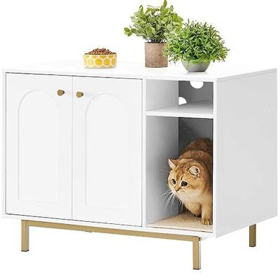 Hzuaneri Cat Litter Box Enclosure,Hidden Litter Box Furniture with Storage, Large Wooden Cabinet with Sisal Mat, Modern Cat Washroom for Living Room, Bedroom, Entryway, White and Gold 01503GCLB