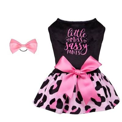 CuteBone Little Miss Sassy Pants Dog Leopard Print Dress Velvet for Small Dogs Girl Puppy Dresses Pink Dog Clothes