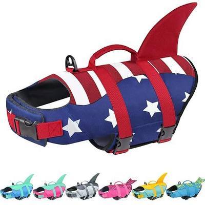 Malier Dog Life Jacket, Ripstop American Flag Dog Life Vest for Swimming Boating, Shark Puppy Lifesaver with High Buoyancy Swimsuit for Small Medium and Large Dogs (X-Large)