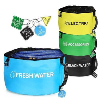 RINBOU 4 Pack RV Hose Storage Bags with Cushioned Soft Rubber Handles, Heavy Duty RV Organization and Storage for Outside Camper Accessories, ID Tags for Fresh/Sewer Hoses, Power Cords
