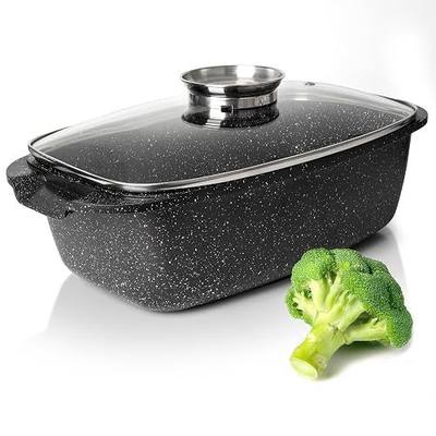 Moss & Stone 6 Quart Oval Roaster Pot with Lid, 12"x8.3" Die Cast Aluminum Chicken Roaster, Induction, Gas & Ceramic Cooktop Compatible, Hard Anodized Nonstick Roasting Pan With Lid, Oven Safe