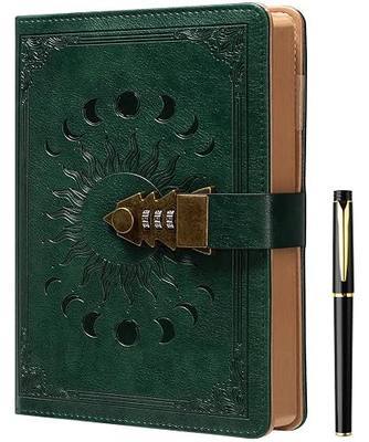 ZXHQ Lock Journal with Pen, A5 240 Pages Diary with Lock, Brown Edge, Refillable, Leather Hardcover (8.5 × 5.9inch) Dark Green