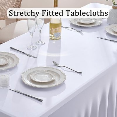 White Spandex Table Clothes for 8 Foot Rectangle Tables, Wrinkle Free Fitted Tablecloths Desk Skirt Stretchy Table Cloth Cover 8ft for Parties Weddings Birthday Banquet Baby Shower
