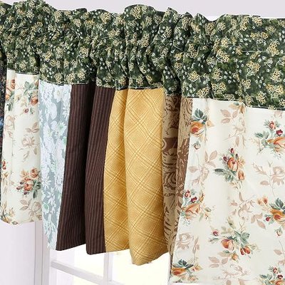 Cozy Line Home Fashions Brown Tan Mustard Yellow Olive Farmhouse Country Patchwork Rod Pocket Window Valance, 16" x 56"