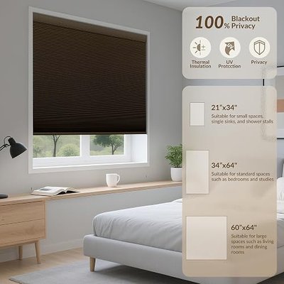 Boolegon Cordless Cellular Shades, Blackout Brown, Customized Size | Linen Pattern Blackout Honeycomb Shades for Windows Pull Down Honeycomb Privacy Blinds for Bedroom Office Thermal Insulated