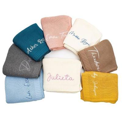 Rosanbella Personalized Baby Name Blanket Custom Knit Embroidered | Personalized baby name blanket, 12 thread colors. 100% cotton, soft & cozy. Baby shower & newborn gift.
