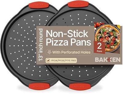 Bakken Pizza Baking Pan - Round Perforated Carbon Steel Pan with Non-Stick Marble Coating, Oversized Silicone Handle, Dishwasher Safe, High-Temperature Resistant, Durable & Easy Cleanup Black, 2 Pack