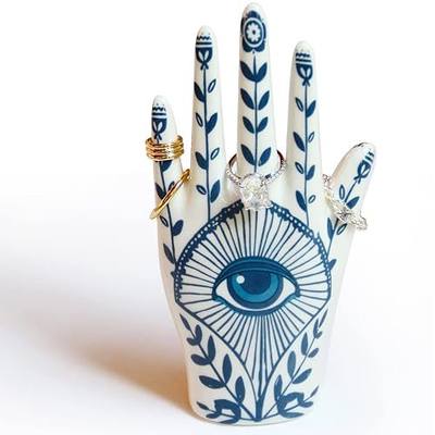 Hamsa Ring Holder organizer, aesthetic Room Decor with Blue Eye Boho style for Bathroom, Bedroom; Gifts for Women Home Decor