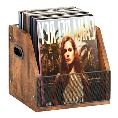 Homeiju Vinyl Record Storage, Record Box Case Crate, Vinyl Record Album Holder, Desktop Metal & Wooden LP Record Crate, Holds up to 60 Records(Patent No.D1024563