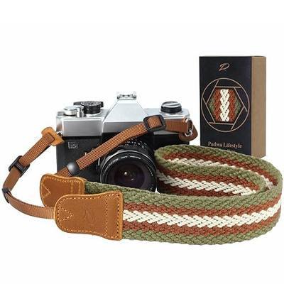 Padwa Lifestyle Stripes Camera Strap - 1.5" Soft Cotton Rope Weave Crazy Horse Cowhide Head Shoulder Neck Straps for Photographers and All Cameras,Cute Adjustable Vintage Woven Strap for Adults & Kids