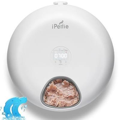 iPettie Donut Frost 6 Meal Cordless Automatic Pet Feeder, Dry & Wet Food Automatic Cat Feeder with Two Ice Packs, Rechargeable Massive Battery, Programmable Timer, Classic White