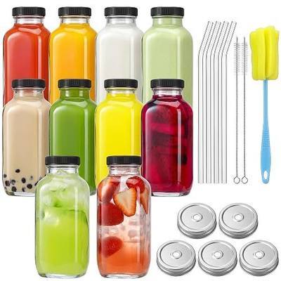 CUCUMI 10pcs 16oz Glass Juice Bottles with Lids, Reusable Juice Containers Drinking Jars Water Cups with Brush, Glass Straws, Lids with Hole | 10pcs