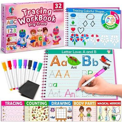 Curious 2 Learn Hardcover Preschool Activity Workbook for Kids Ages 3–5 – 32 Montessori Learning Activities with 9 Markers – ABC, Numbers, Colors & Shapes – Educational Gift for Boys & Girls