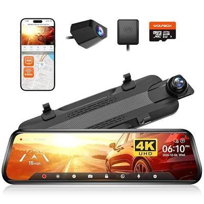 WOLFBOX G930 10'' Rear View Mirror Camera with 5.8GHz WiFi, 4K Dash Cam Front and Rear with WDR, Touch Screen Rearview Mirror Backup Camera, Parking Monitor, Reverse Assist, Includes 64GB Card & GPS