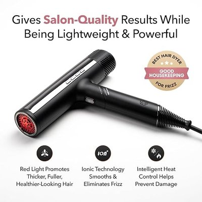 SRILabs DryQ “Smart” Hair Dryer - Super Lightweight, Foldable - Powerful, Quiet Motor - Infrared and Ionic Technology - 3 Magnetic Attachments - Heat Control with Locking Switch