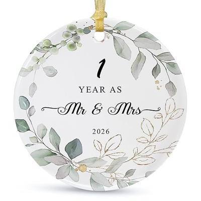 Our First Christmas Married Ornament 2026,Wedding Gifts for Couples Unique Decoration,First Year Newlywed Mr and Mrs Hanging 2.9" Ceramic Round Ornament 2.9”