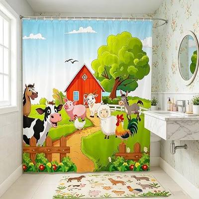 Manfei Farm Animals Shower Curtains Cow Sheep Chicken Donkey Pig Print Waterproof Bath Curtains with 12 Hooks Suits for Bathtub, Cartoon Animals Theme Bathroom Curtains for Kids, 72" W x 72" L