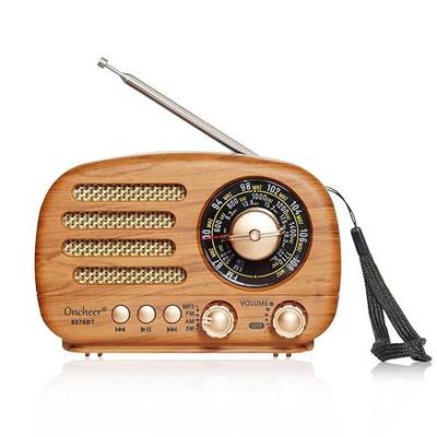 Oncheer Portable Vintage Retro Bluetooth Speaker Radio with FM/AM/SW Bands, Adjustable Antenna, Rechargeable Battery Powered, Support TF Card and USB, Light Color