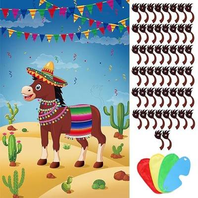 Hxezoc Pin The Tail On The Donkey Party Game with 50 Pcs Tails Large Mexican Donkey Games Poster for Kids Birthday Party Carnival Fiesta Party Supplies